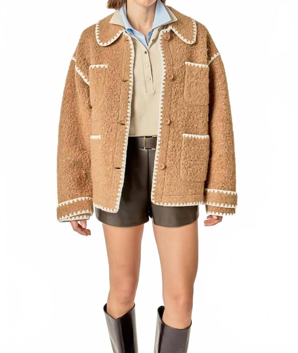 NEW ENGLISH FACTORY embroidered shearling jacket in tan